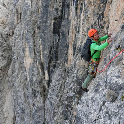 Loïc dans le Pilastro Priolo au Lastoni di Formin